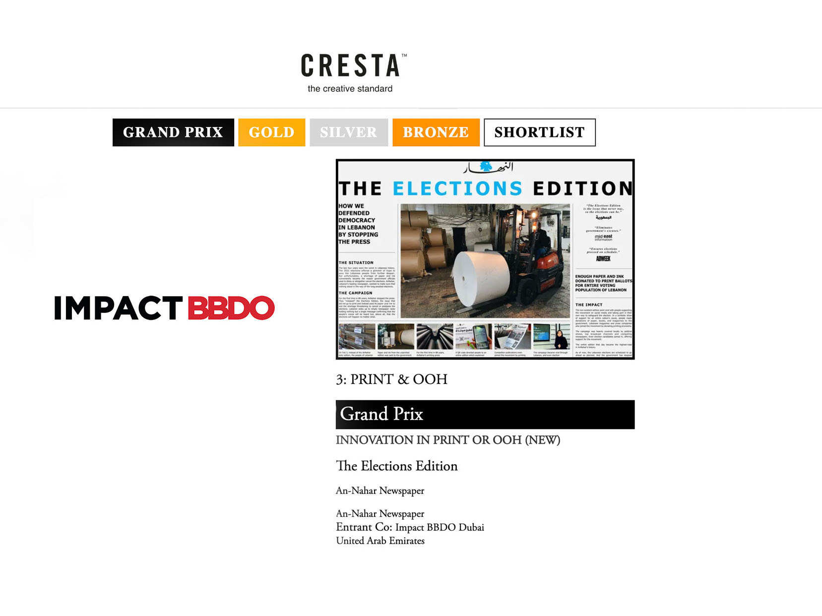 Unprecedented performance for the Middle East at Cresta Awards 2022 with Grand Prix earned by Impact BBDO Image