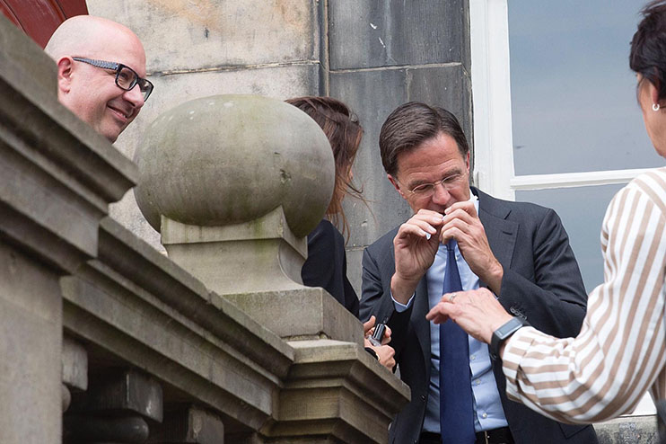 Prime Minister of the Netherlands Mark Rutte sniffing the new 'fragrance' XTACY Prime Minister of the Netherlands Mark Rutte sniffing the new 'fragrance' XTACY
